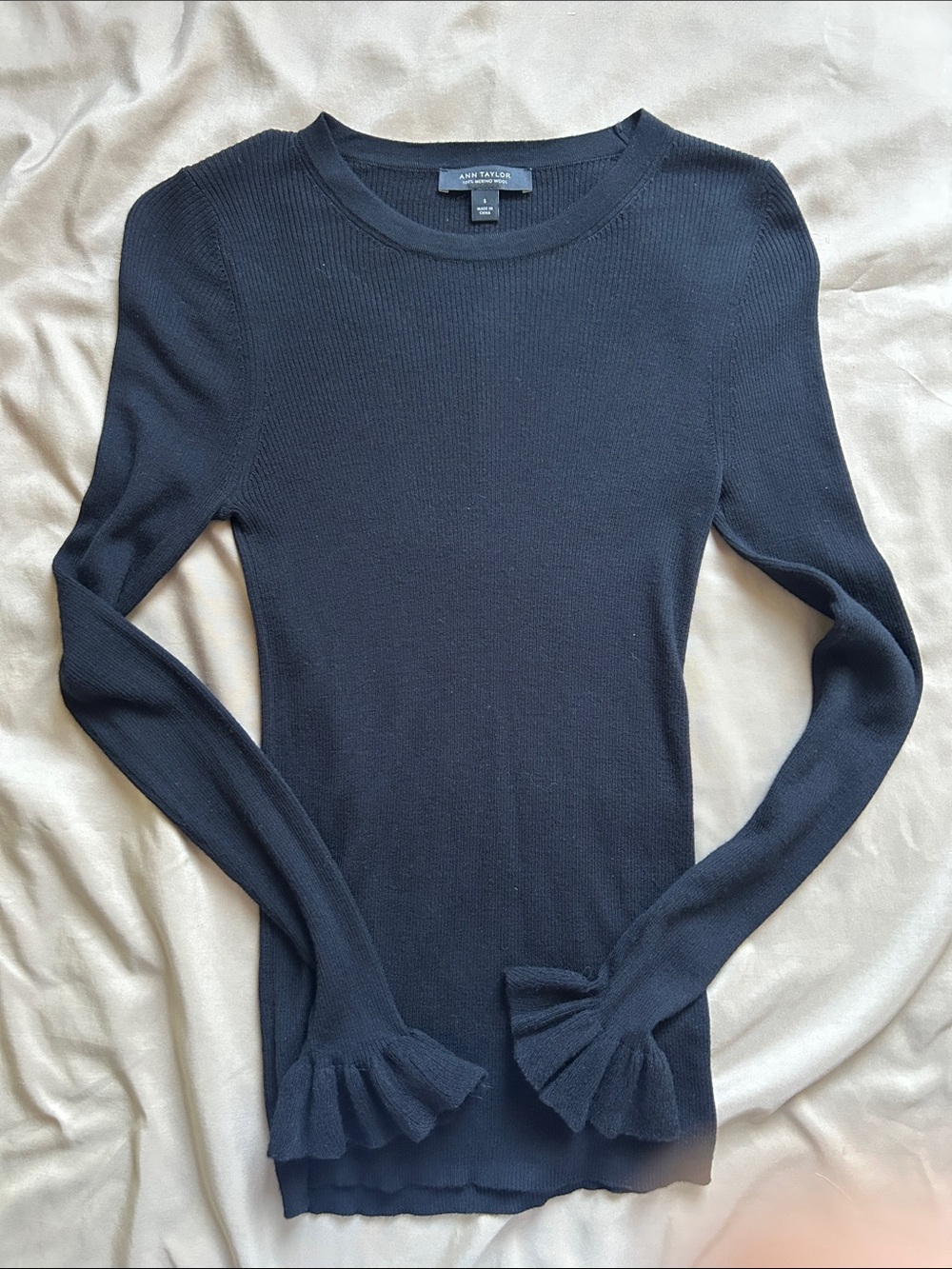 Ann Taylor Black Ruffle Cuff Ribbed Crew Sweater